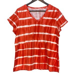 Belle Beach Women Orange Tie Dye V Neck Short Sleeve T Shirt Top Size L
